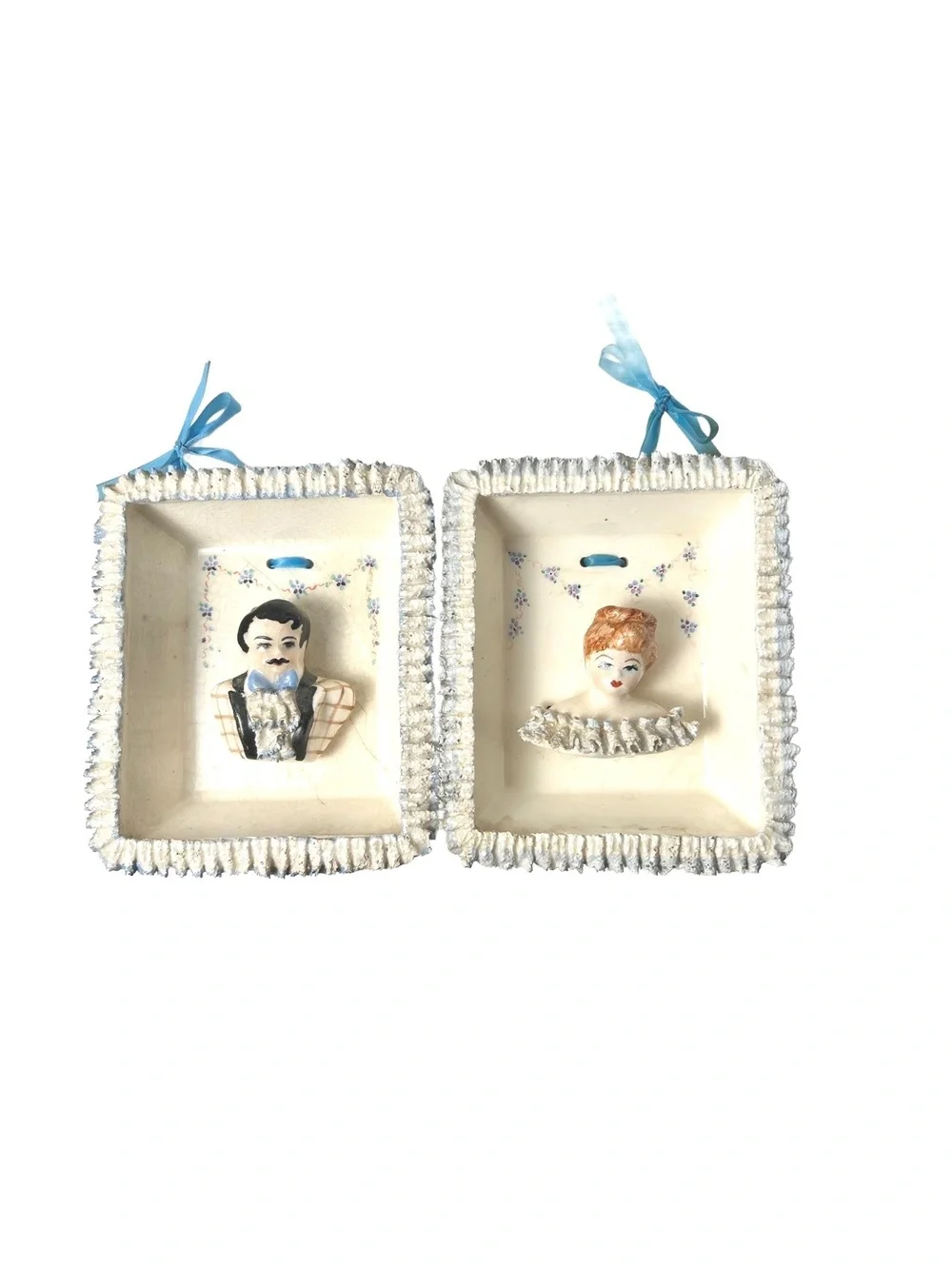 Vintage Ceramic Man and Woman Wall Hanging Plaques with Blue Ribbon